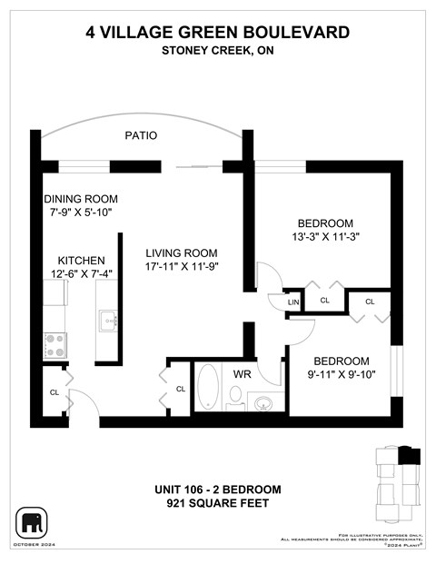 A floor plan for a 2 bedroom apartment at 4 Village Green Boulevard.